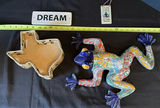 Colorful ceramic lizard sculpture with woven Texas-shaped basket and decorative signs - thumbnail 1 of 9
