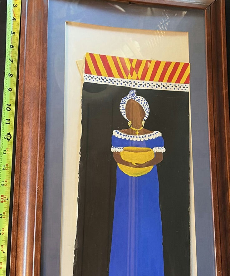 Framed painting by Betty Bennett of a woman in a blue dress holding a yellow bowl - image 2 of 5