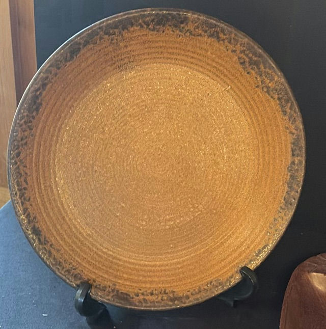 Ceramic teapot set, large glaze plate, wooden leaf vessel, and patterned fabrics - image 2 of 7
