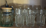 Glassware collection: clear ribbed tumblers, goblets, and a green corked jar - thumbnail 1 of 8