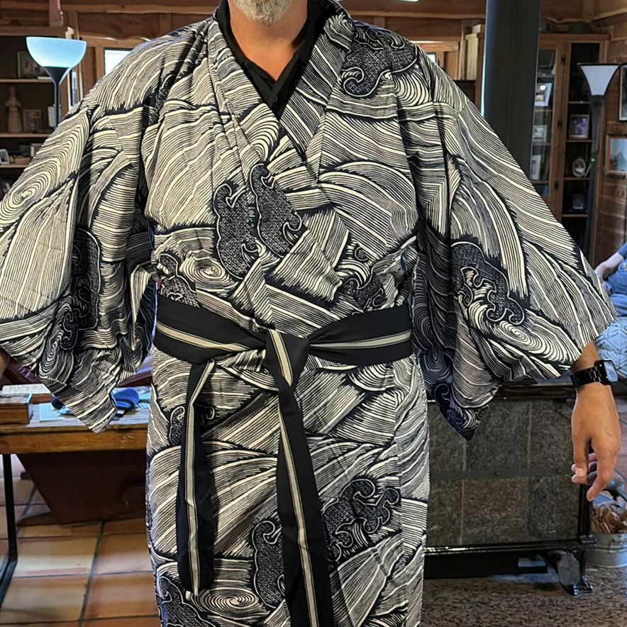 Kimono-style robe with obi belt and folded dashiki garment - image 2 of 7