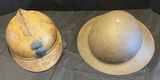 Two vintage helmets: Brodie-style steel helmet with insignia and a pith helmet - thumbnail 1 of 10