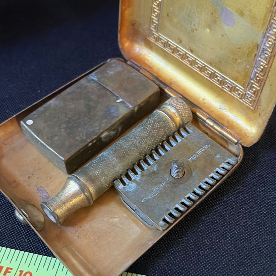 Vintage travel shaving kit with pewter containers and airplane tin - image 6 of 7