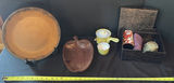Ceramic teapot set, large glaze plate, wooden leaf vessel, and patterned fabrics - thumbnail 1 of 7