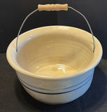 Cream ceramic bowl with blue bands, a black tea kettle, and a cream ceramic tub with wire handle - thumbnail 7 of 9