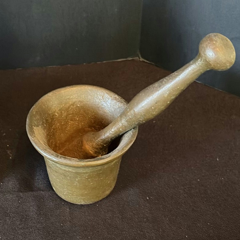 Antique wooden hand plane, metal bell with lid, and mortar and pestle set - image 8 of 14