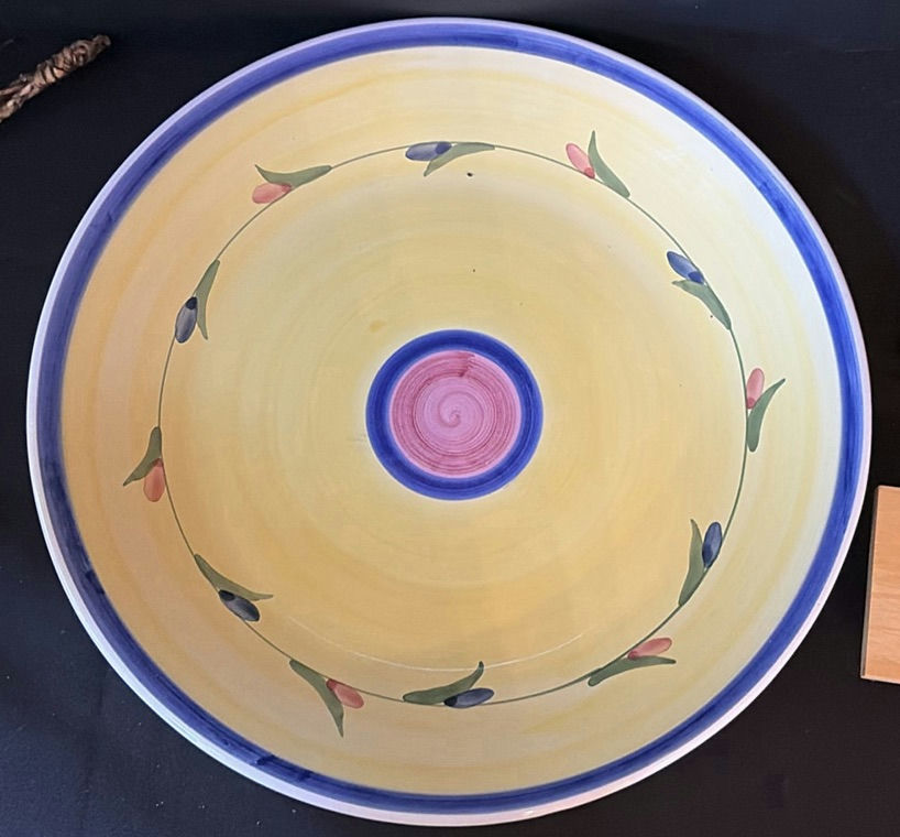 Yellow ceramic bowl with stand, striped tile, and decorative rope tassels - image 3 of 5
