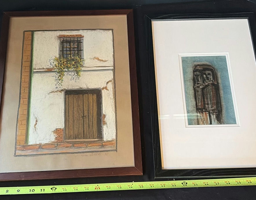 Two Framed Art Pieces: Architectural Façade Scene and Abstract Figure - image 1 of 7