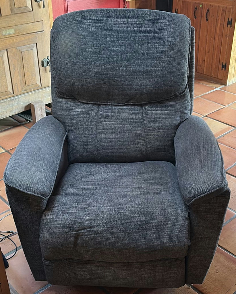 Dark gray fabric recliner and burgundy leather recliner - image 1 of 15