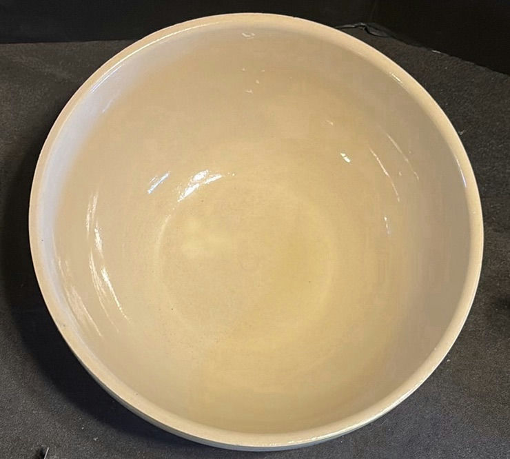 Cream ceramic bowl with blue bands, a black tea kettle, and a cream ceramic tub with wire handle - image 3 of 9