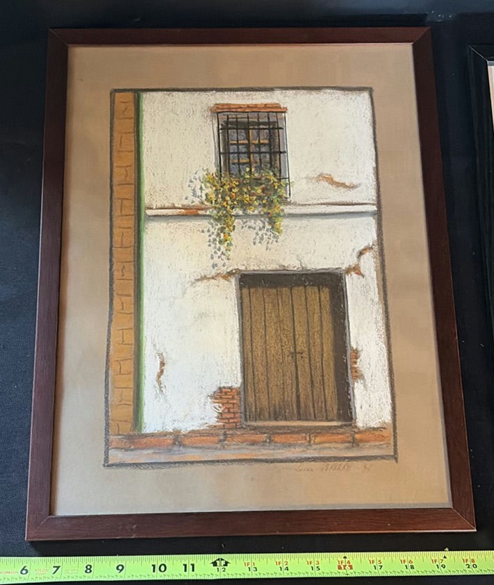 Two Framed Art Pieces: Architectural Façade Scene and Abstract Figure - image 2 of 7