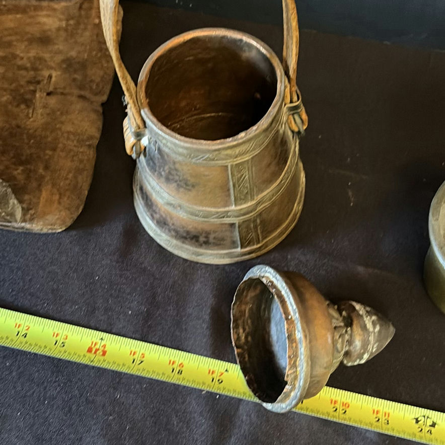 Antique wooden hand plane, metal bell with lid, and mortar and pestle set - image 12 of 14