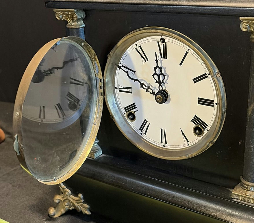 Antique Mantel Clock with Roman Dial and Brass Accents - image 6 of 9