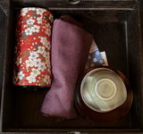 Ceramic teapot set, large glaze plate, wooden leaf vessel, and patterned fabrics - thumbnail 7 of 7