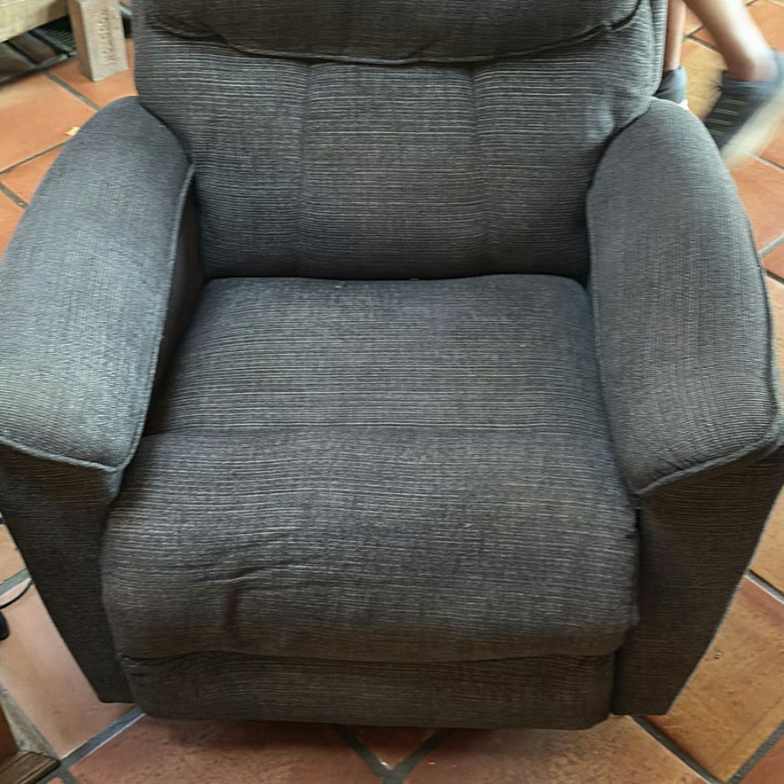 Dark gray fabric recliner and burgundy leather recliner - image 2 of 15