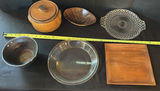 Vintage wooden containers glass plates and metal cookware - thumbnail 1 of 10