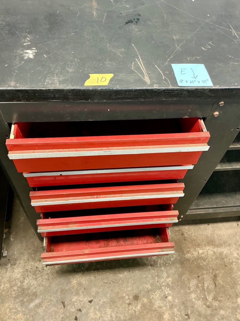 Metal tool cabinet with red drawers and open shelving - image 3 of 5