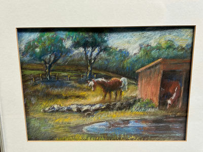 Signed Pastel Landscape & Horses  - Image 1 of 6