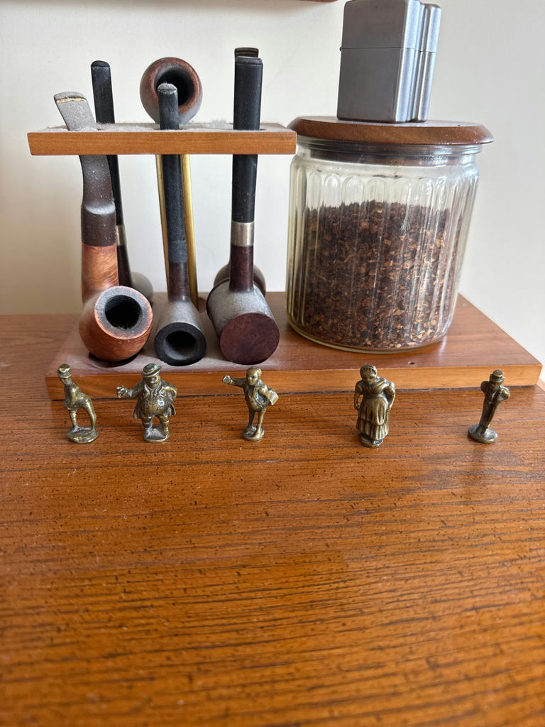 Pipes, tobacco jar, lighter, and small brass figurines - image 2 of 2