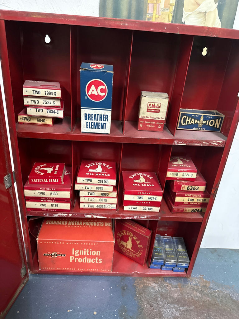 Vintage red safety cabinet  and automotive parts cabinet with parts included  - image 2 of 2