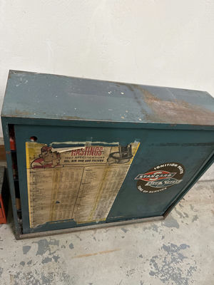 Vintage automotive parts cabinet with ignition and electrical components - Image 1 of 4