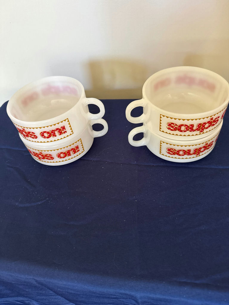 Four white ceramic soup mugs with 'SOUPS ON' labels - image 1 of 2
