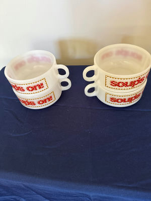 Four white ceramic soup mugs with 'SOUPS ON' labels - Image 1 of 2