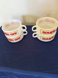 Four white ceramic soup mugs with 'SOUPS ON' labels - thumbnail 1 of 2