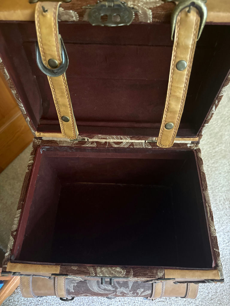 Stacked vintage luggage trunks with top bag - image 2 of 3