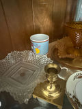 Amber glass compote with crystal dishes and brass candlesticks alongside mugs - thumbnail 4 of 4