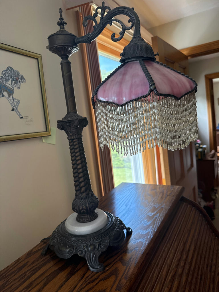 Vintage table lamp with pink shade and bead fringe - image 3 of 3