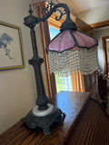 Vintage table lamp with pink shade and bead fringe - thumbnail 3 of 3