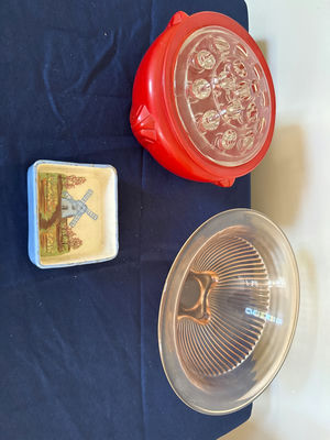 Red circular flower holder , Federal glass ribbed glass bowl, and windmill decorative tin - Image 1 of 2