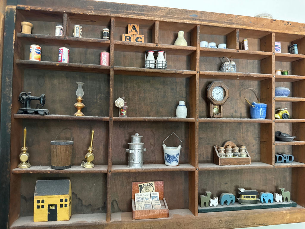 Wooden cubby display with vintage miniature collectibles - image 2 of 2