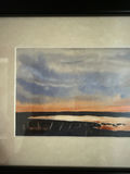 Framed landscape painting with blue sky and orange horizon - thumbnail 2 of 2
