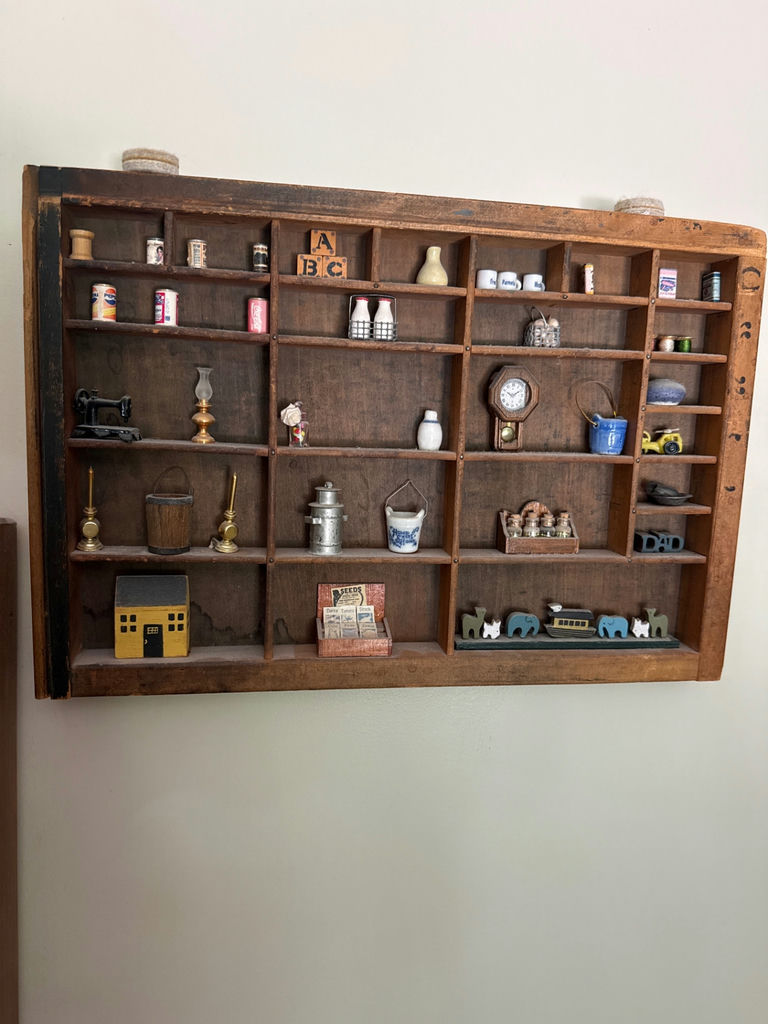 Wooden cubby display with vintage miniature collectibles - image 1 of 2