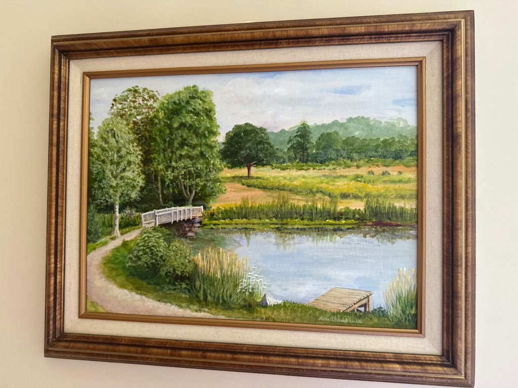 Blackstone Canal Framed landscape painting with pond, dock, and footbridge - image 1 of 2