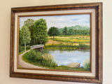 Blackstone Canal Framed landscape painting with pond, dock, and footbridge - thumbnail 1 of 2