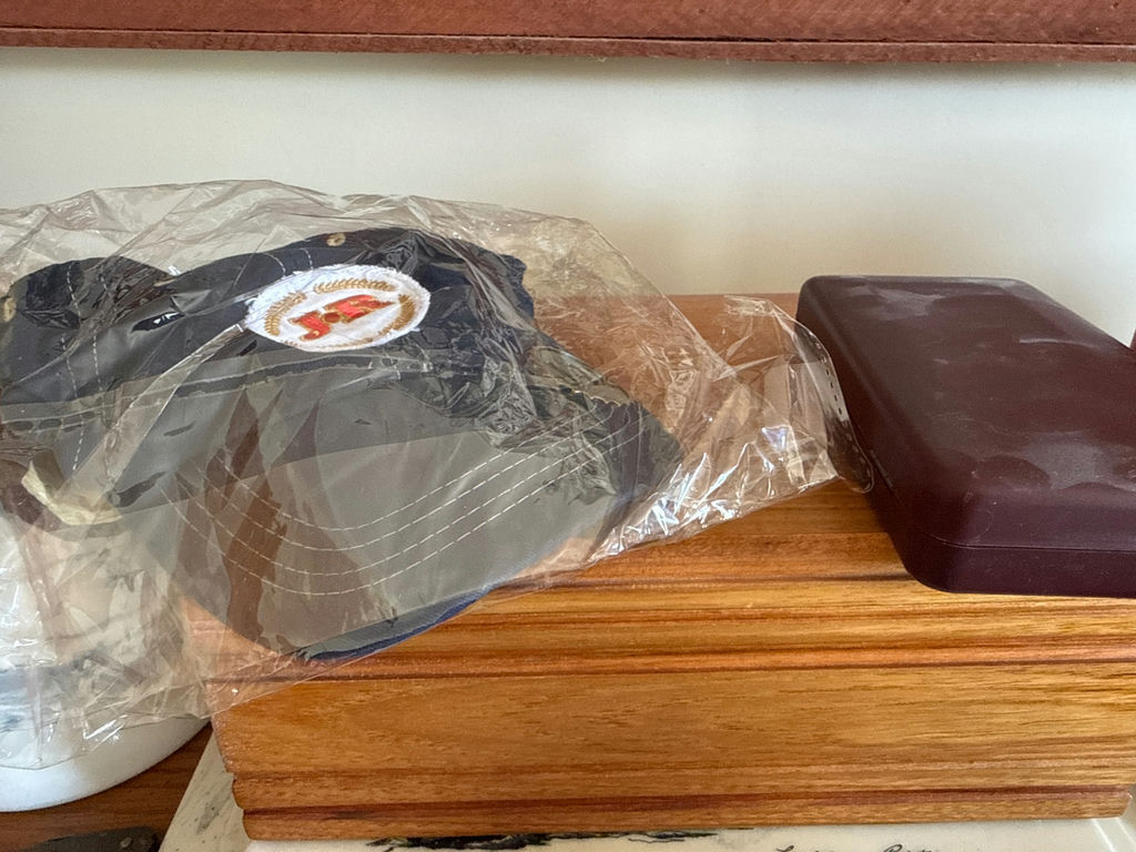 JR-branded hat, maroon case with scissors, and wooden storage box - image 1 of 5