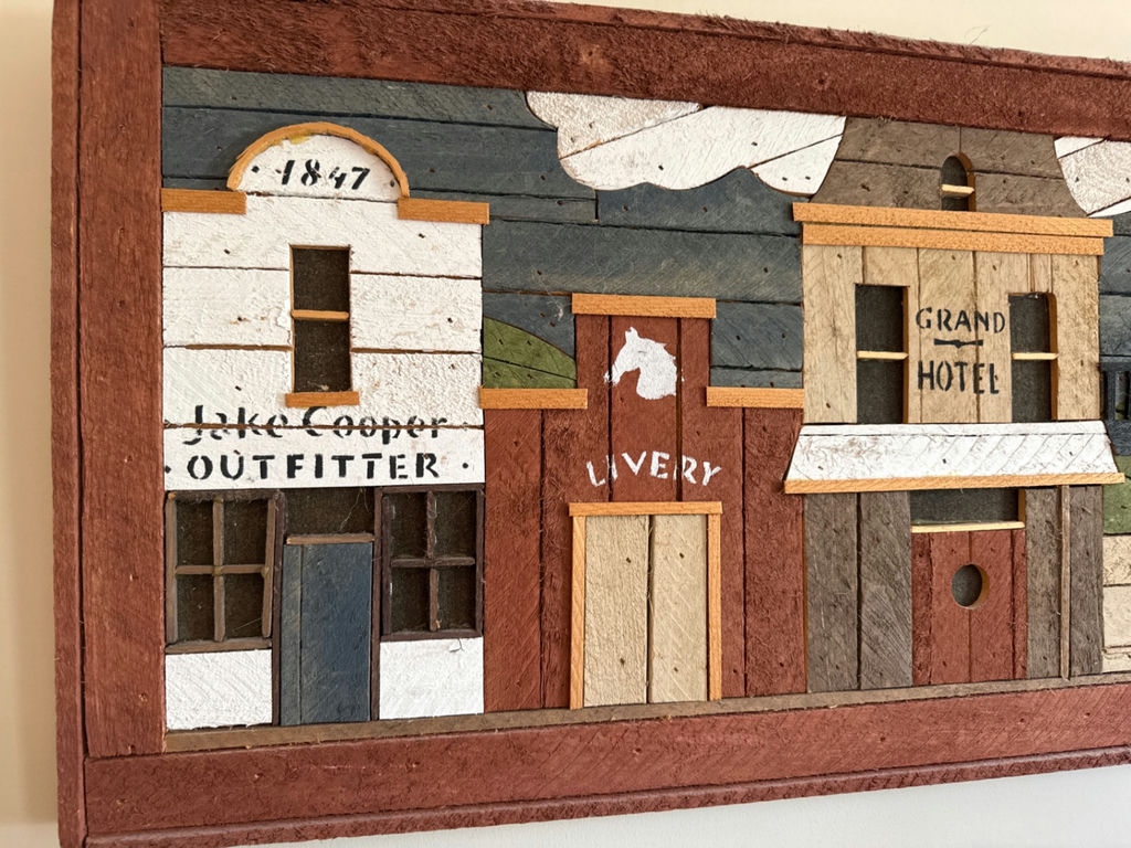 Wooden mosaic wall panel of a Western town storefront row - image 3 of 5