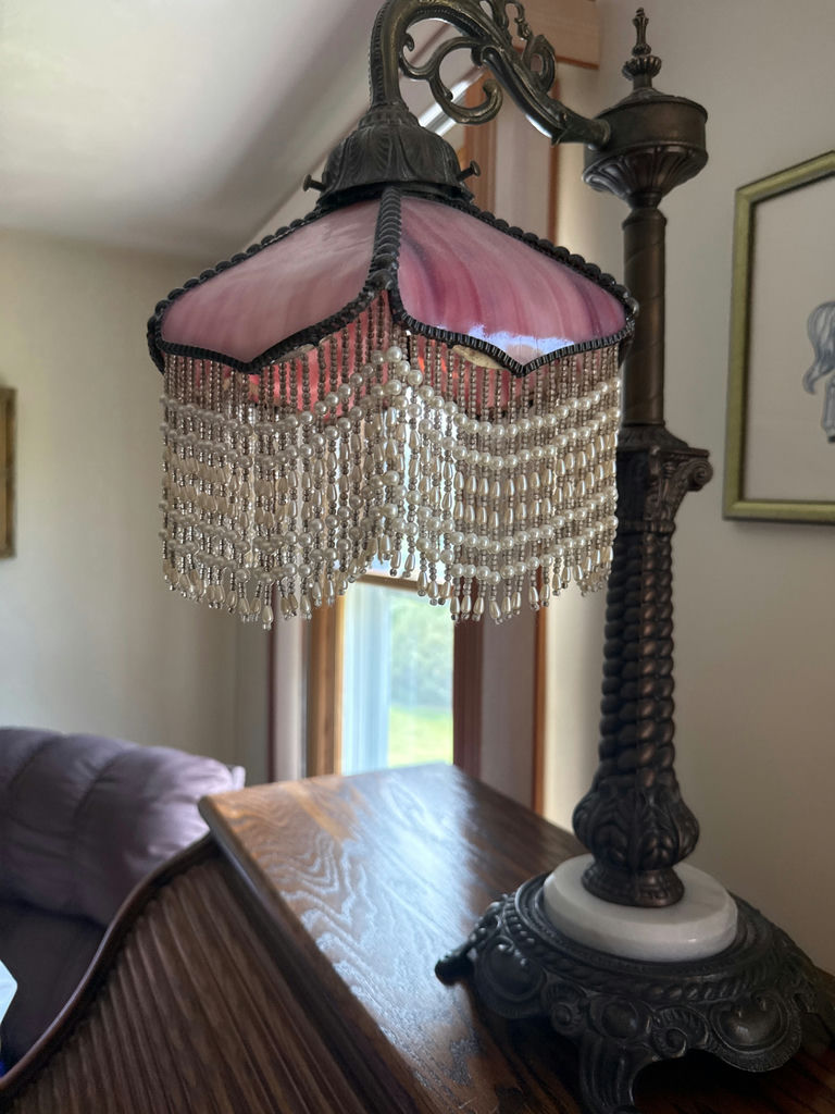 Vintage table lamp with pink shade and bead fringe - image 1 of 3