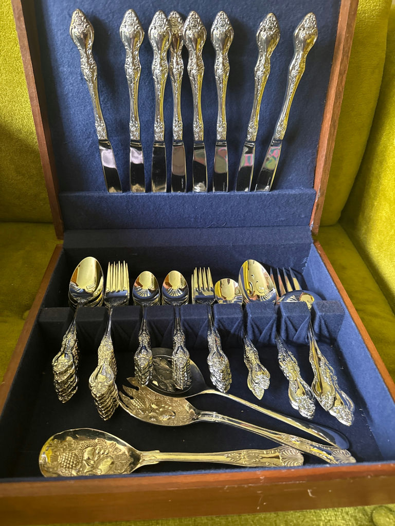 54-piece ornate silver-plated flatware set in blue-lined wooden chest - image 1 of 6