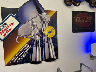Vintage automotive signs and exhaust-pipe poster - Image 1 of 3