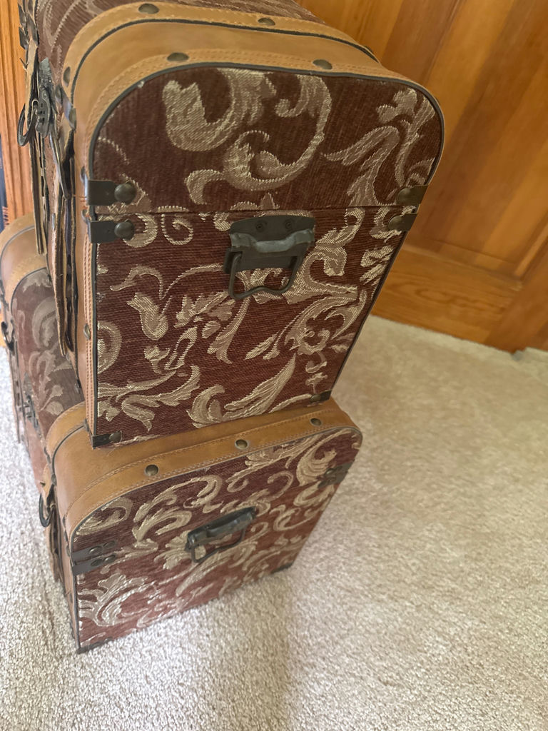 Stacked vintage luggage trunks with top bag - image 3 of 3