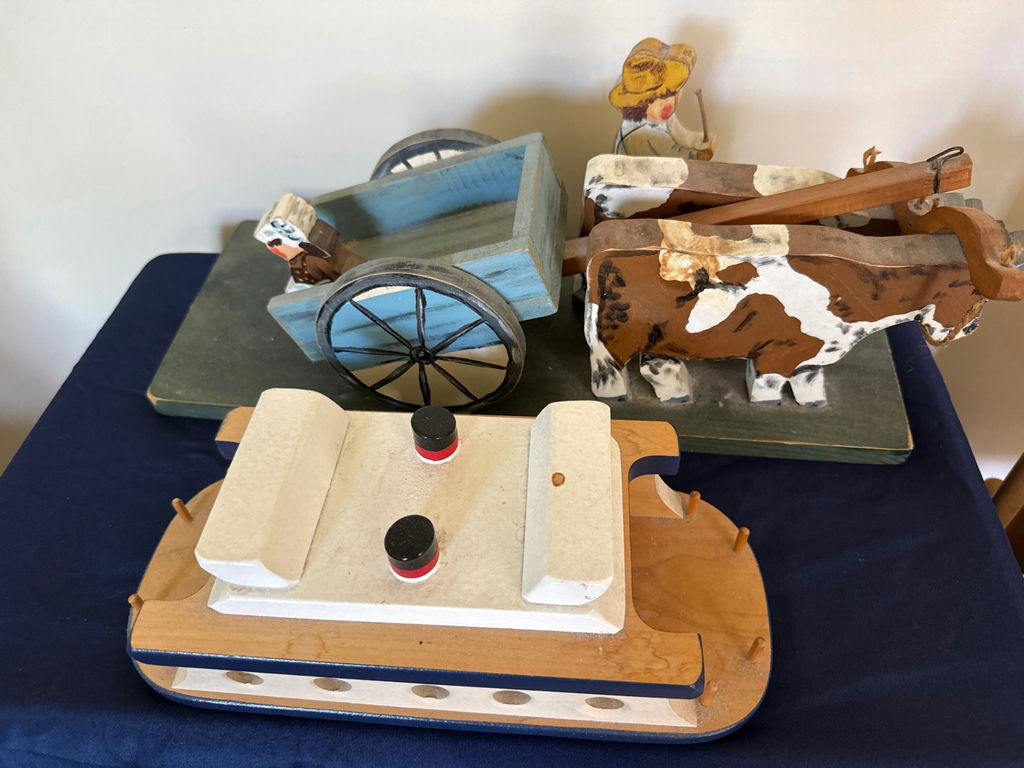 Vintage wooden pull-toy set with cow-drawn cart, blue wagon, and Nantucket Island base - image 1 of 4