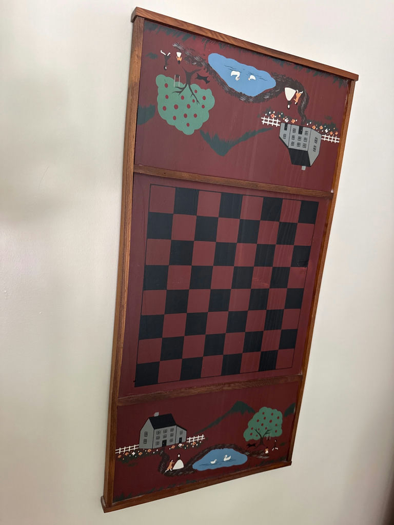 Wall-mounted wooden checkerboard with landscape panels - image 1 of 1