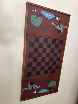 Wall-mounted wooden checkerboard with landscape panels - Image 1 of 1