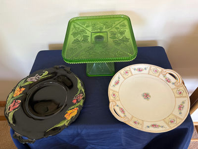 Indiana Green Glass Pedestal Cake Stand, Black Floral Plate, and Floral Rim Plate - Image 1 of 3