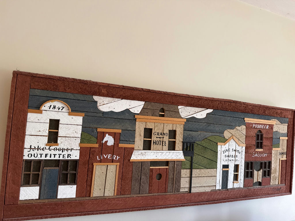 Wooden mosaic wall panel of a Western town storefront row - image 2 of 5