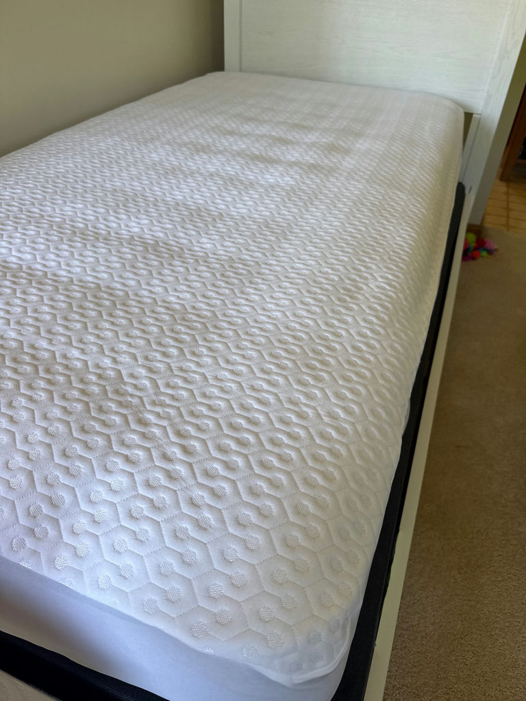 Twin size White wooden bed with mattress and gray tufted topper - image 3 of 6